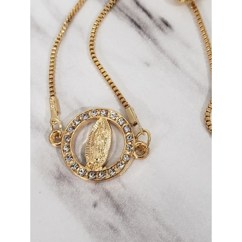 PULL STRING ADJUSTABLE Gold Tone Our Lady of Guadalupe Pendant Bracelet rhinesto